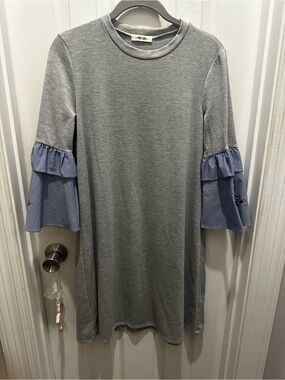 Grey Tunic Dress with Blue Stripe Ruffle Sleeves and floral detail